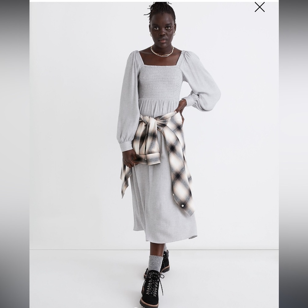 MADEWELL Lucie Long-Sleeve Smocked Midi Dress in Wool Gauze